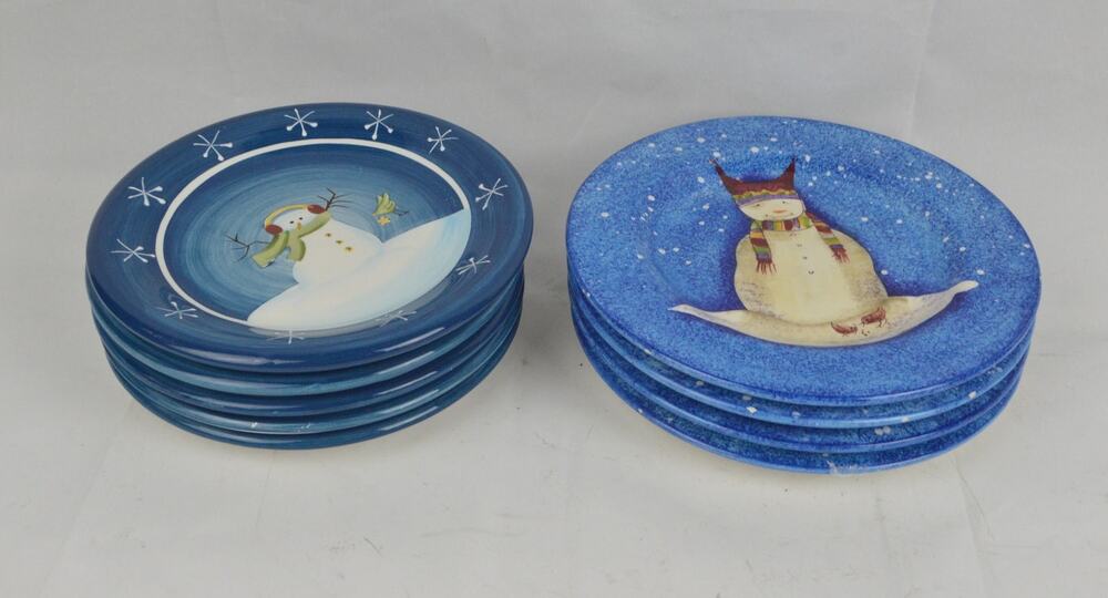 Set Of x9 Ceramic Salad Plates Blue Snowman Snowflakes Sonoma Debbie Taylor
